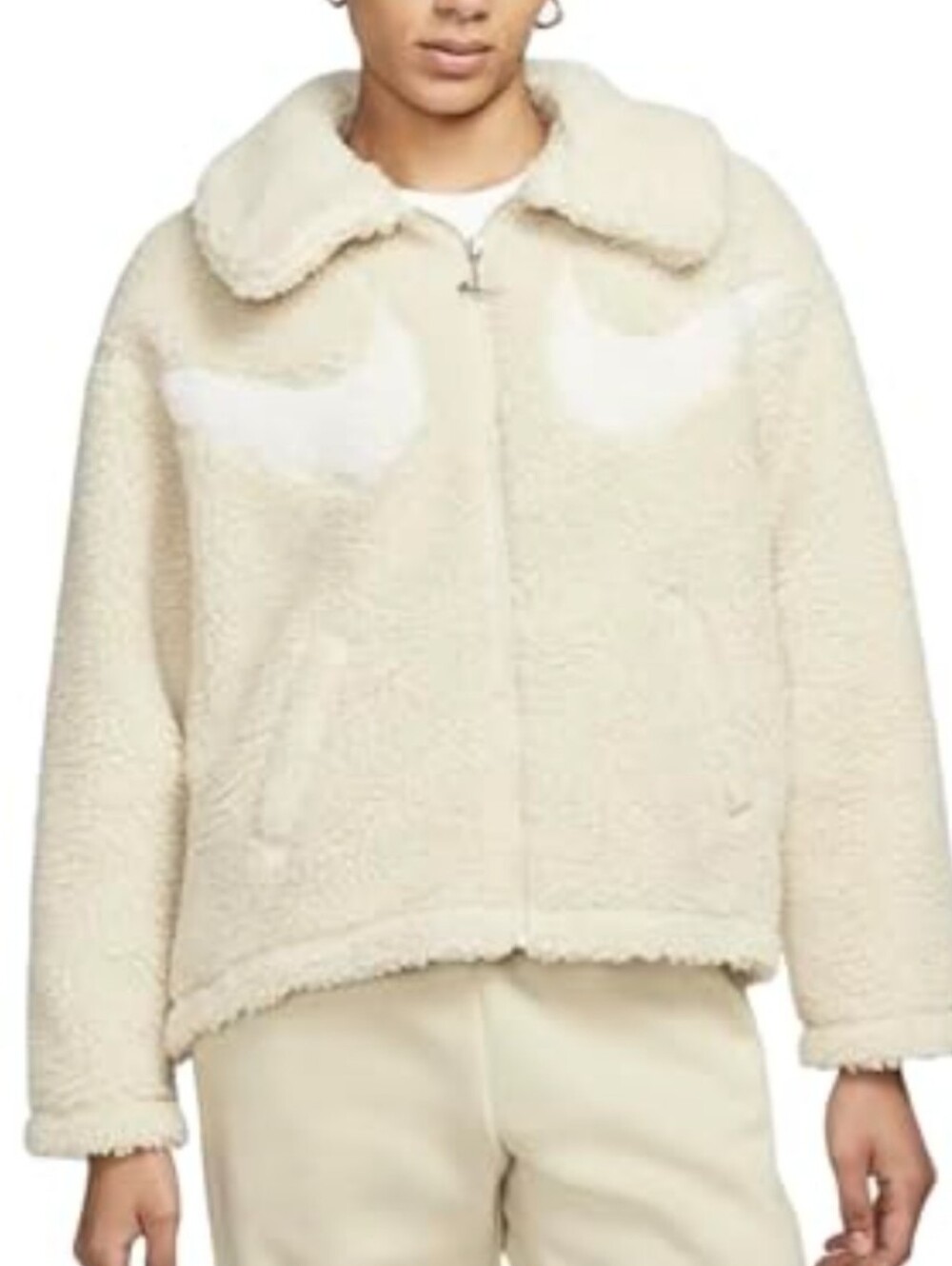 NIKE Swoosh Cream Sherpa Teddy Jacket Pockets Sz 1X